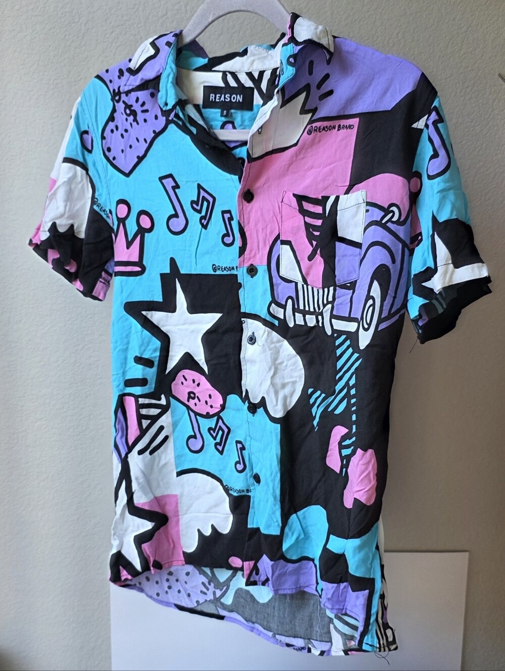 Reason Retro Pop Art Viscose Button-Down Short Sleeve Shirt - Black